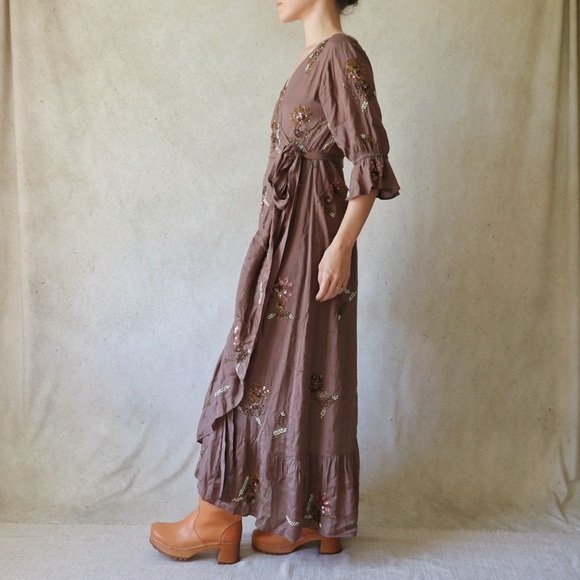 Anthropologie Let Me Be Beaded Sequined Wrap Dress in Dark Brown - Picture 2 of 7